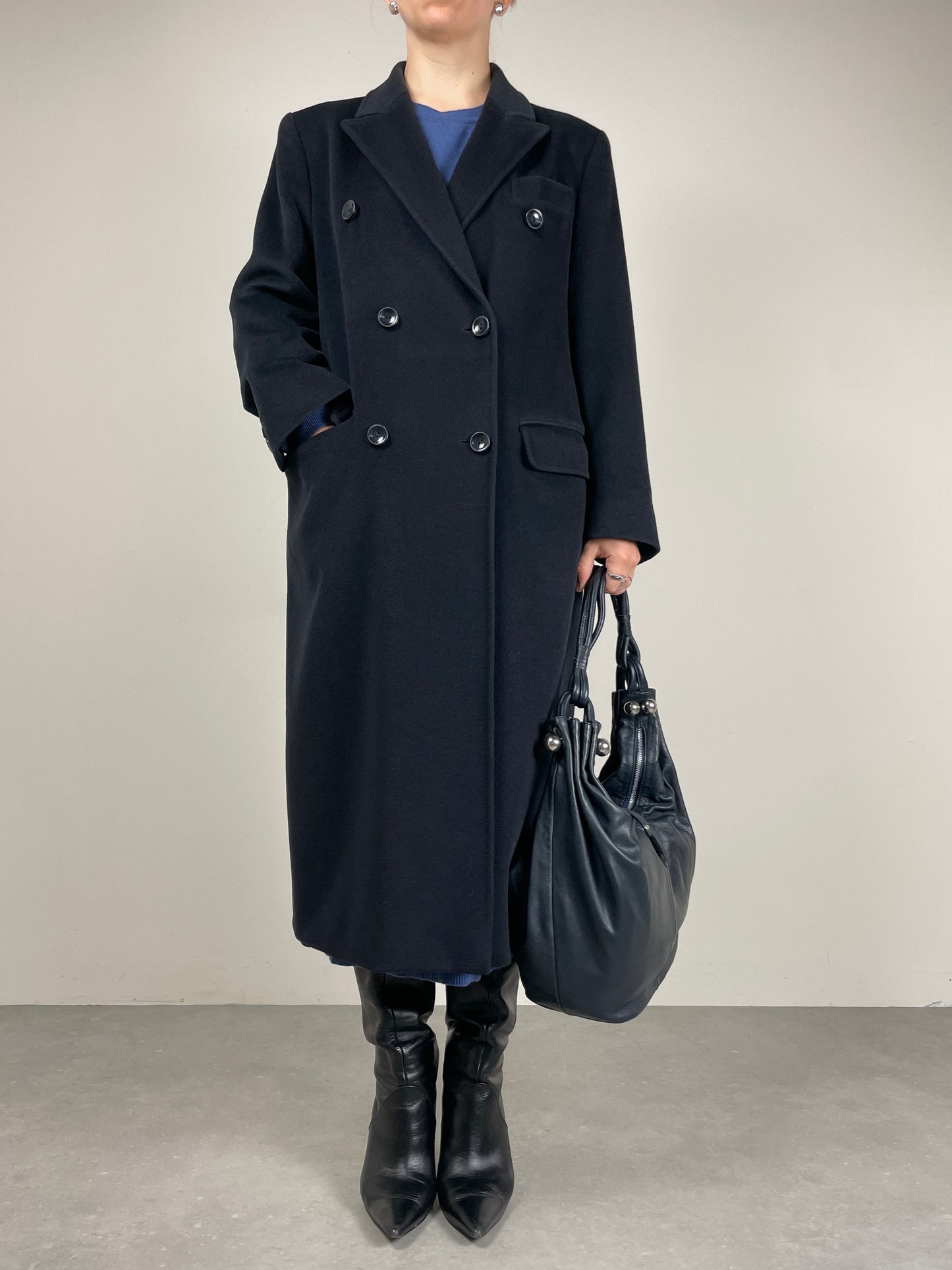Cappotto a doppiopetto in lana, cashmere e ancora blu scuro