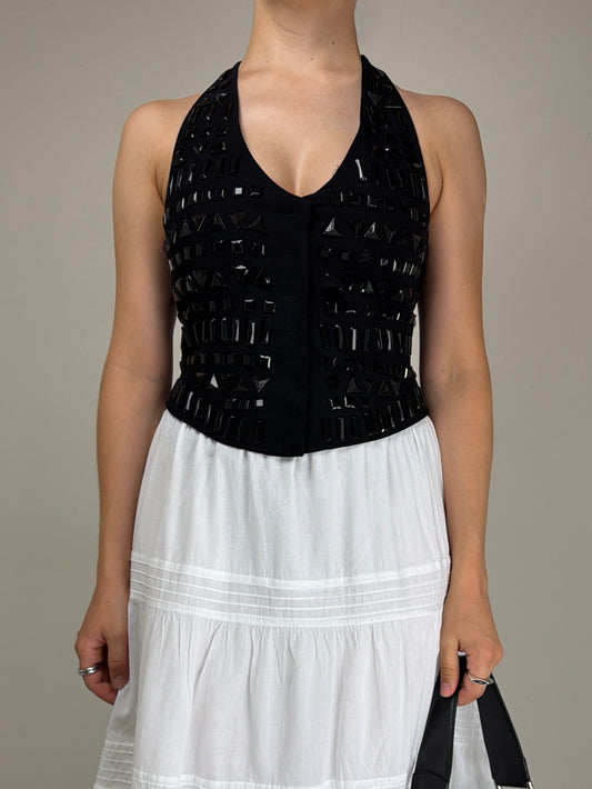 Top nero con pietre nere sfaccettate