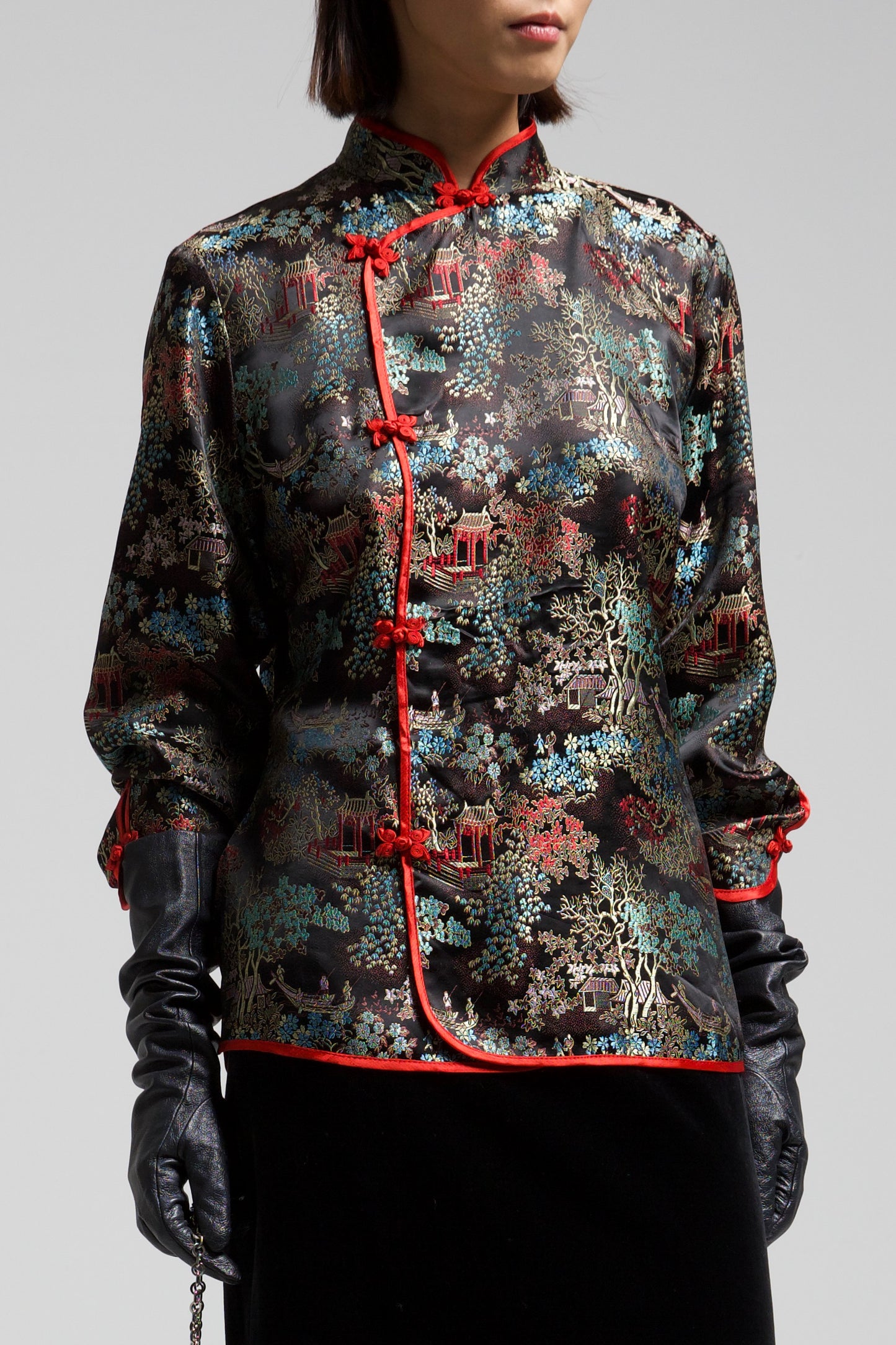 Blusa in jacquard di viscosa con paesaggio asiatico