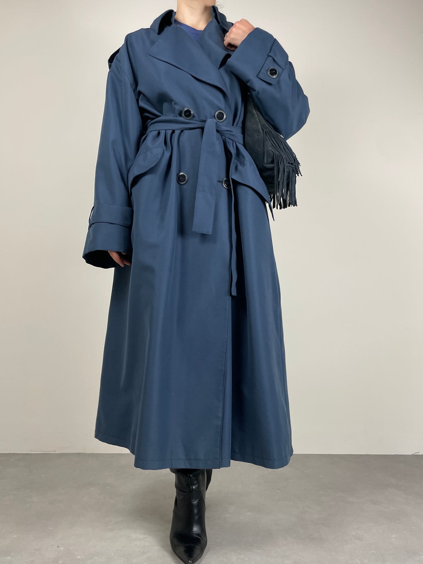 Trench vintage con gilet staccabile in vera pelliccia lapin