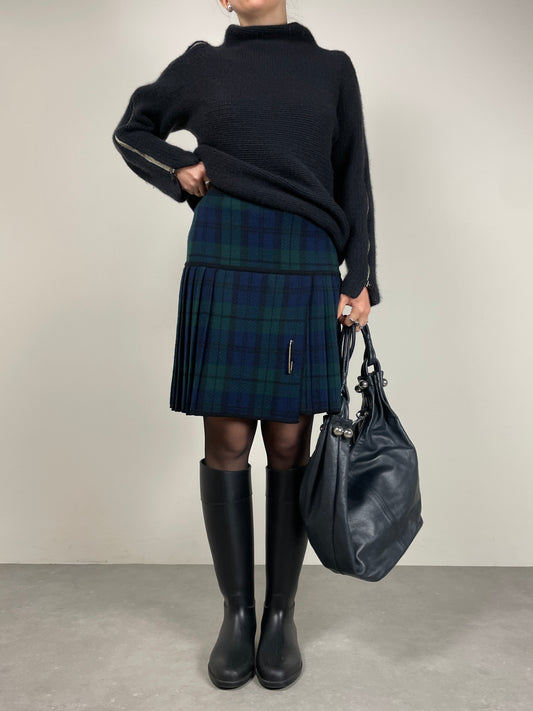 Gonna in maglia di lana tartan a pieghe con spilla oro by Luisa Spagnoli