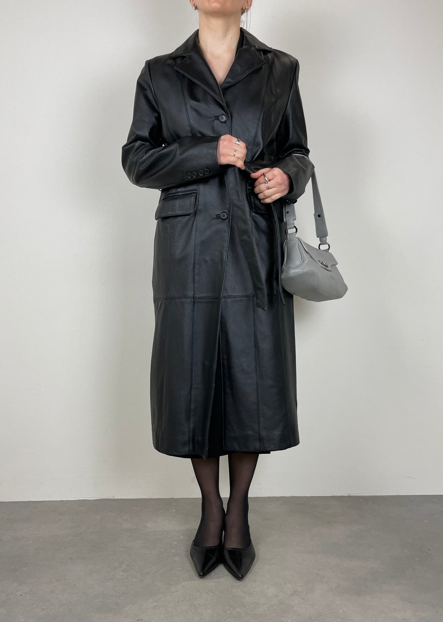 Leather long trench coat