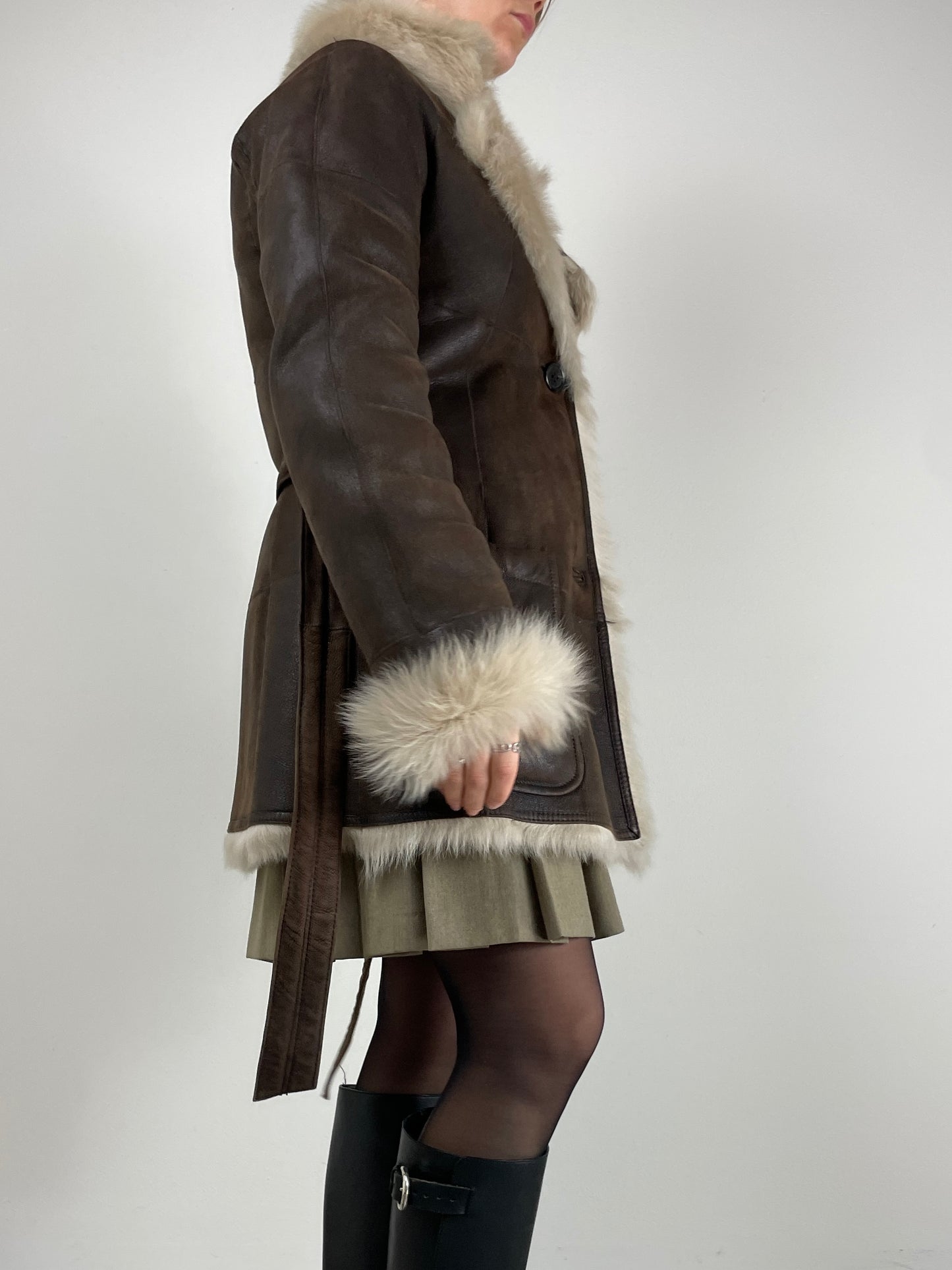 Shearling vintage marrone con pelliccia beige