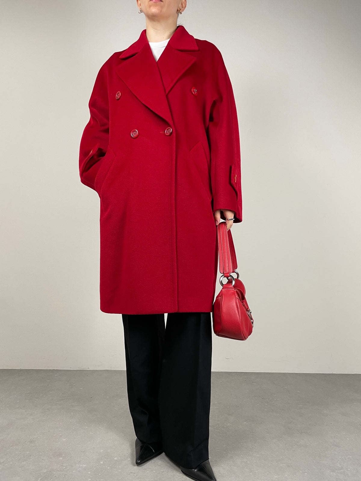 Cappotto rosso in lana, angora e cashmere