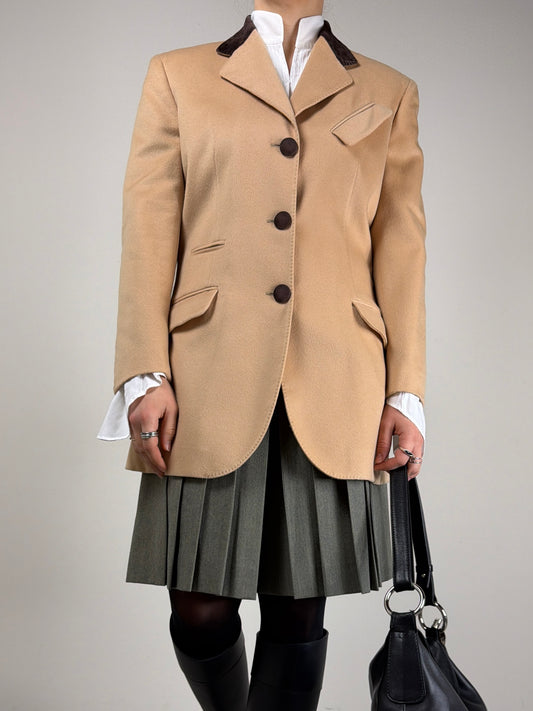 Blazer sartoriale in lana e cashmere con inserti in pelle scamosciata