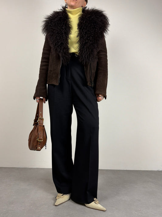 Shearling marrone con collo in pelliccia di Mongolia