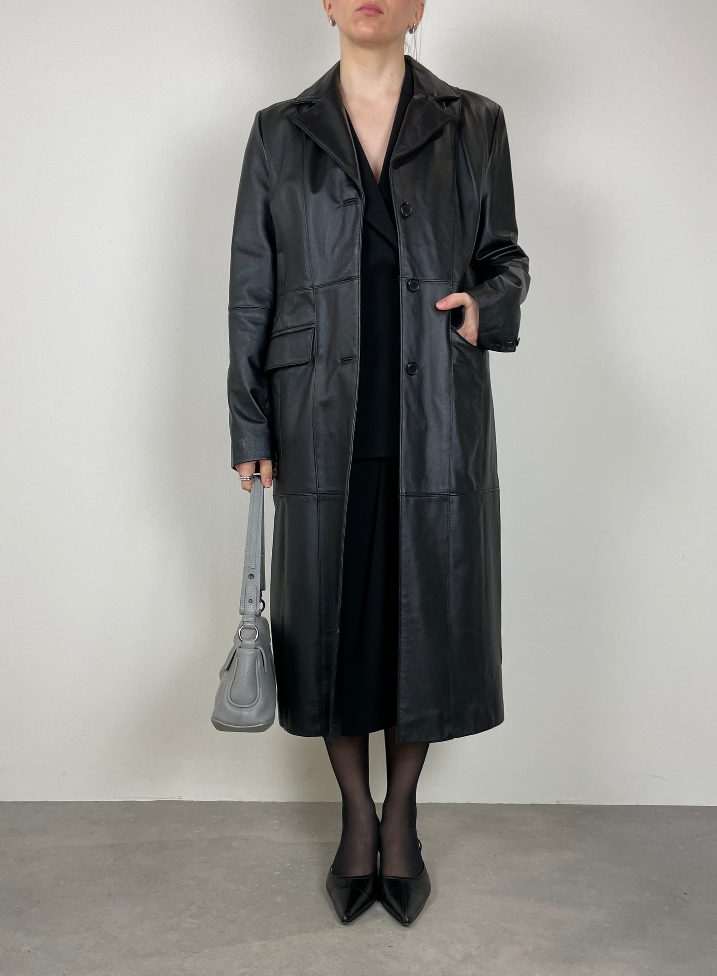 Leather long trench coat