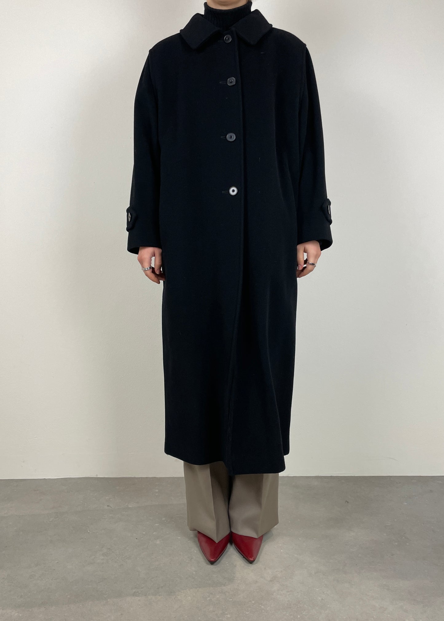 Long black wool coat with belt