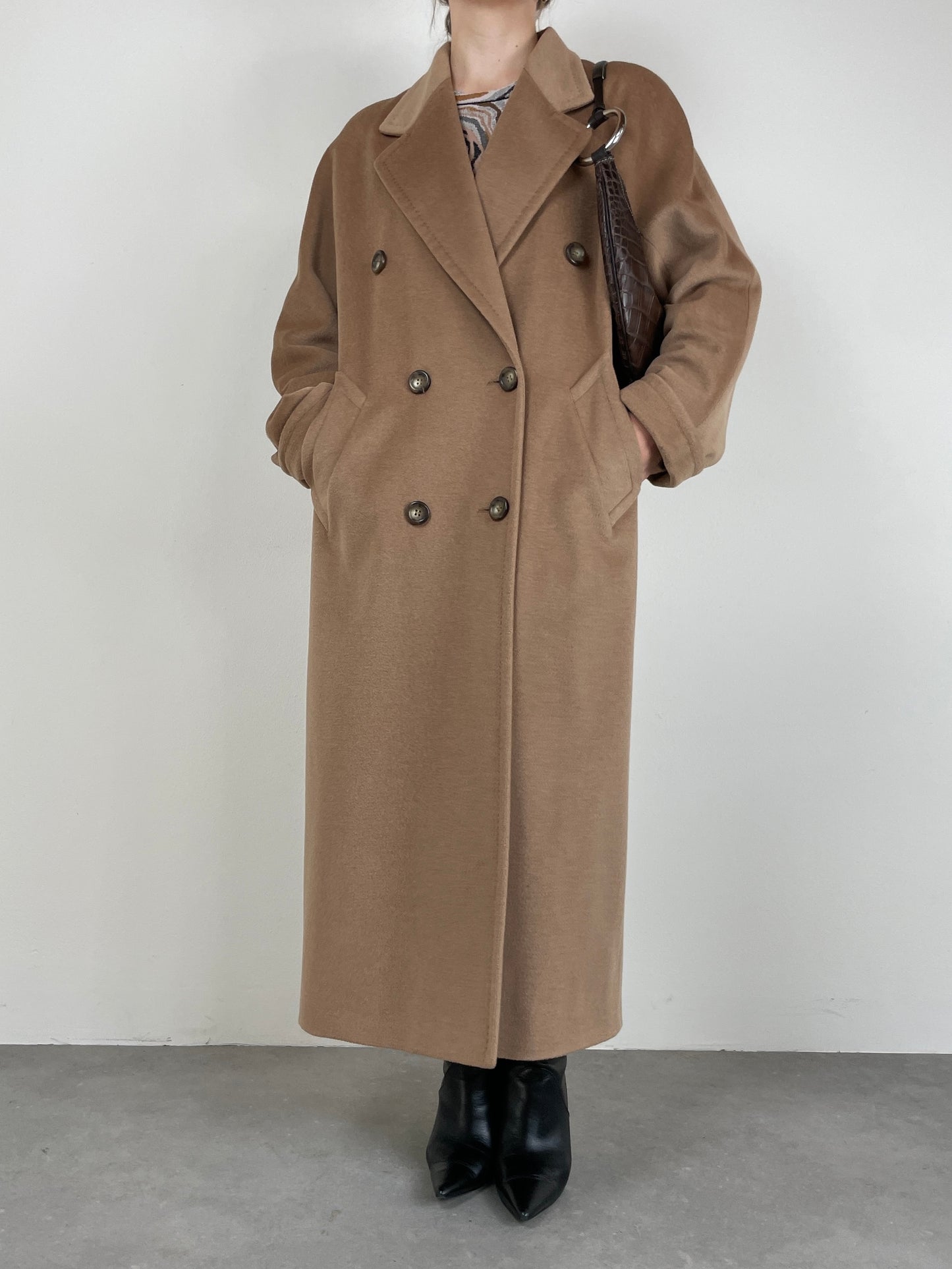 Cappotto vintage cammello in lana, angora e cashmere