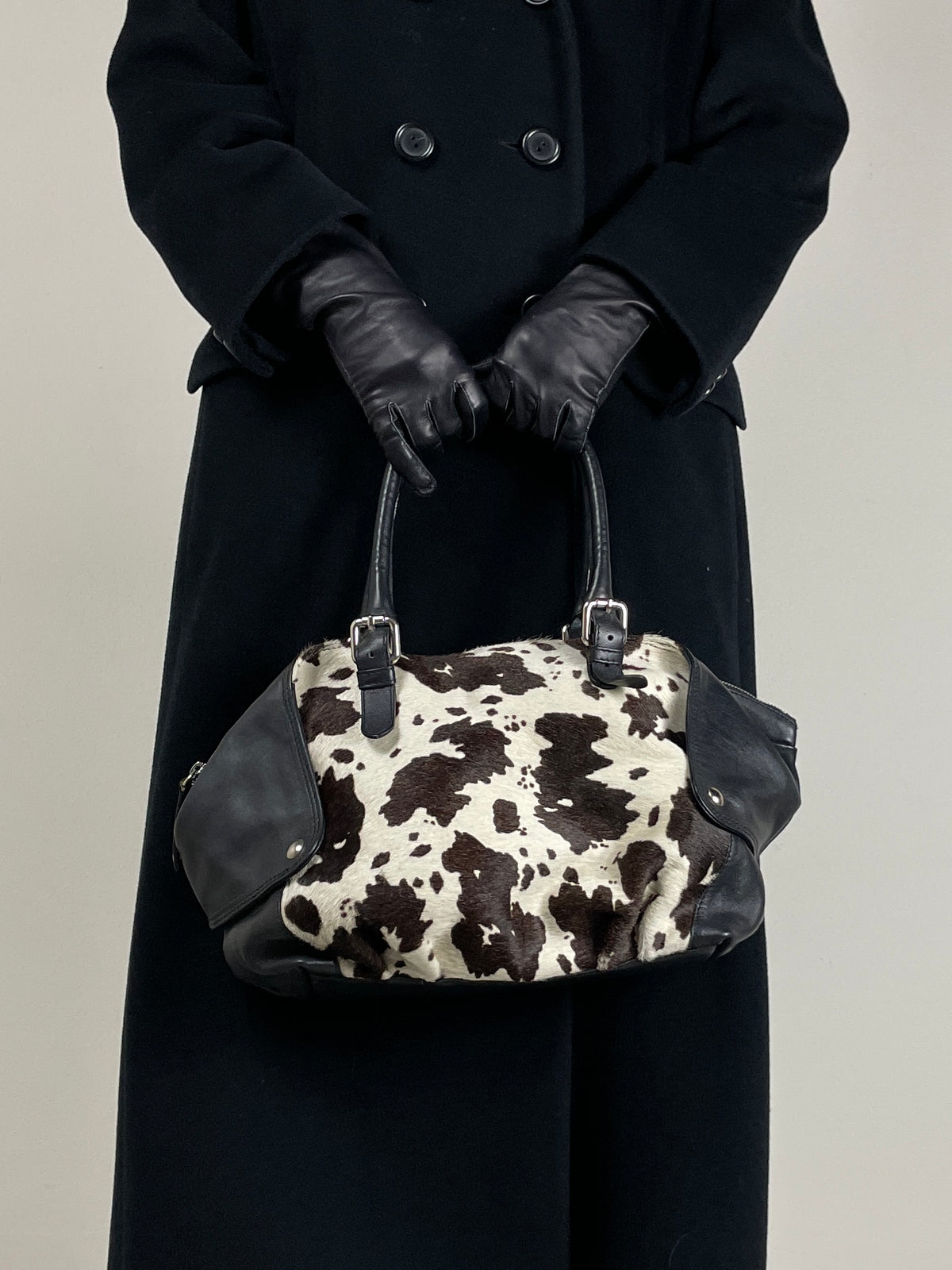 Borsa in vera pelle con il davanti in cavallino cow print