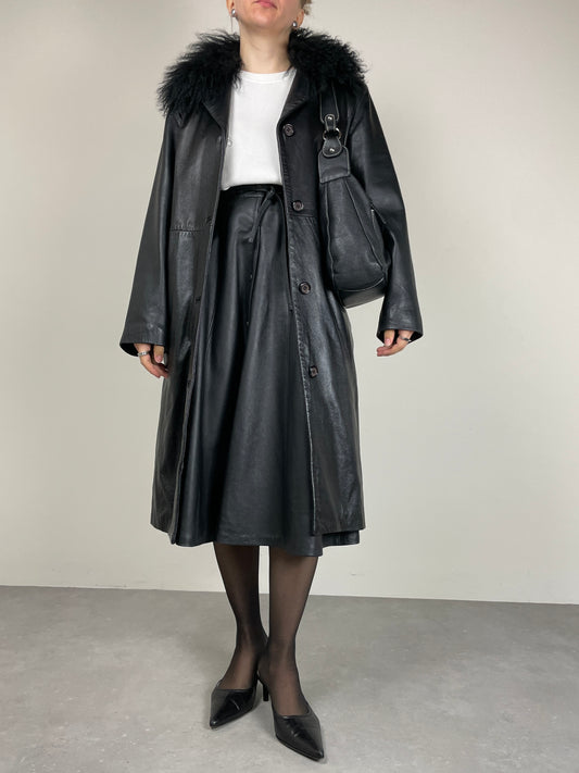Trench in vera pelle con collo in pelliccia Mongolia