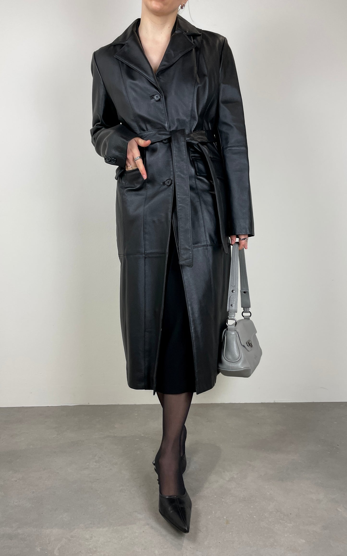 Leather long trench coat