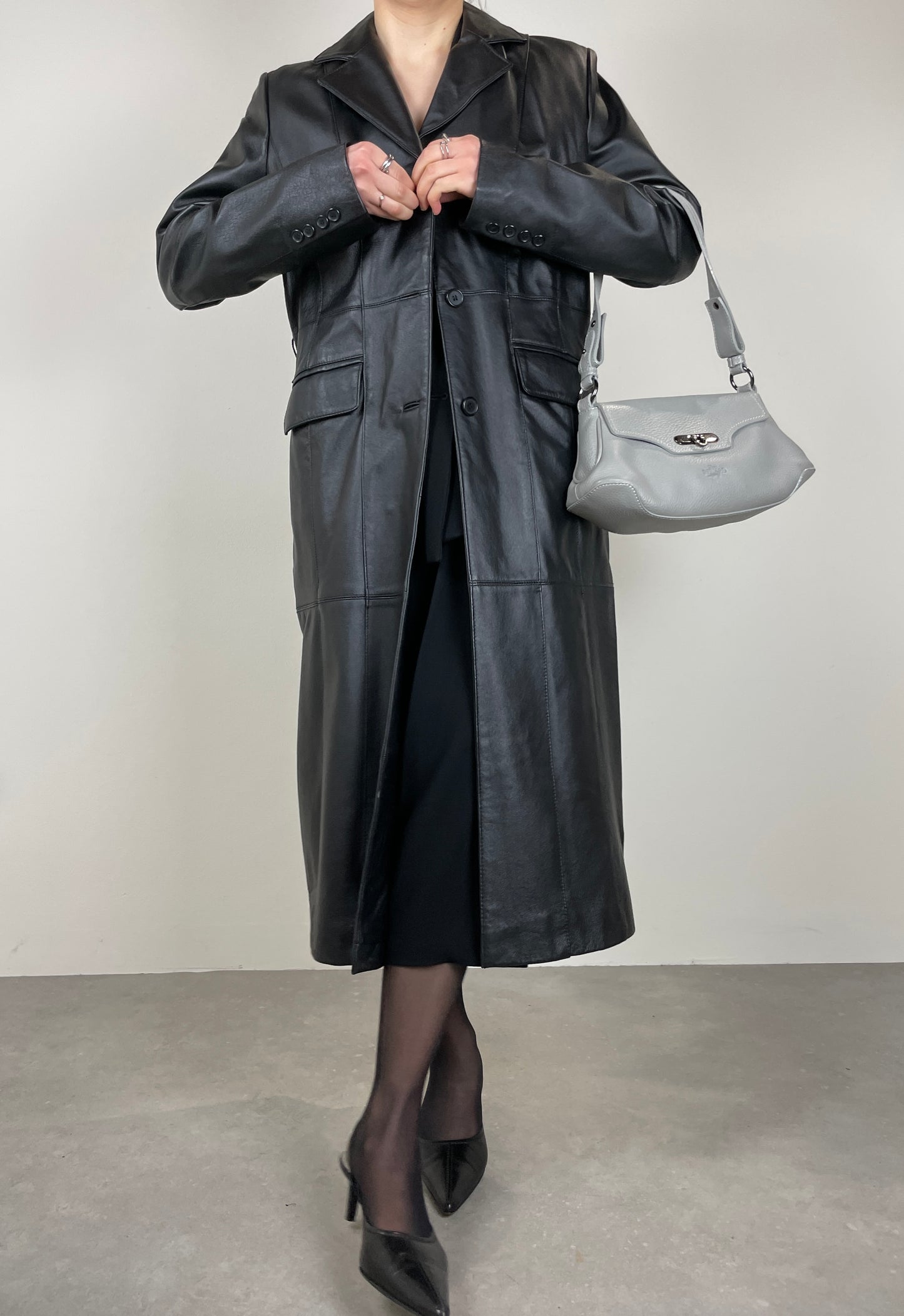 Leather long trench coat