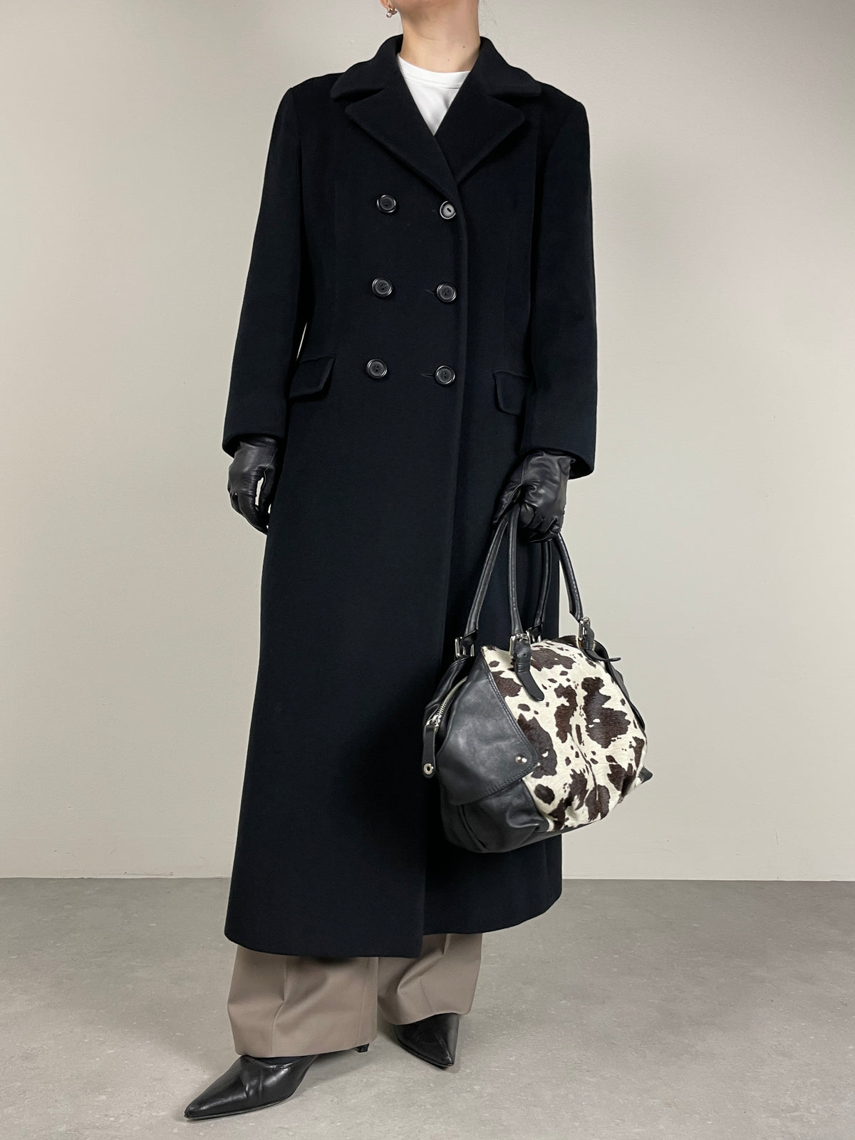 Cappotto lungo doppiopetto in beaver di lana, cashmere e angora