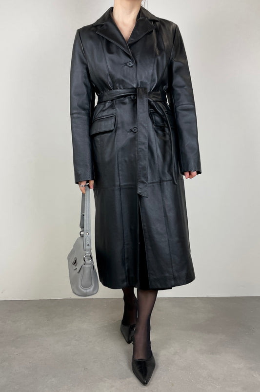 Leather long trench coat