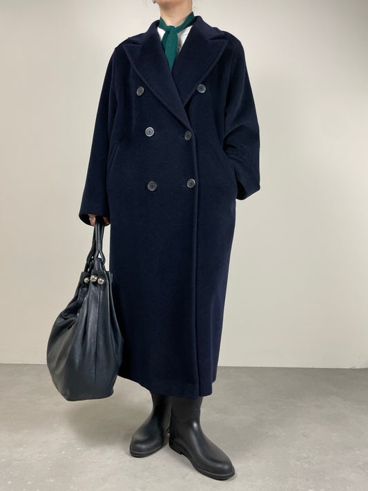 Cappotto a doppiopetto lungo blu in lana made in Italy