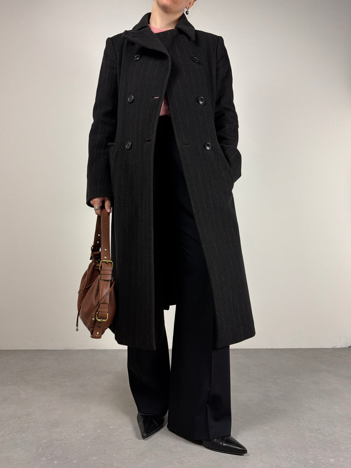 Cappotto gessato in lana e angora made in Italy