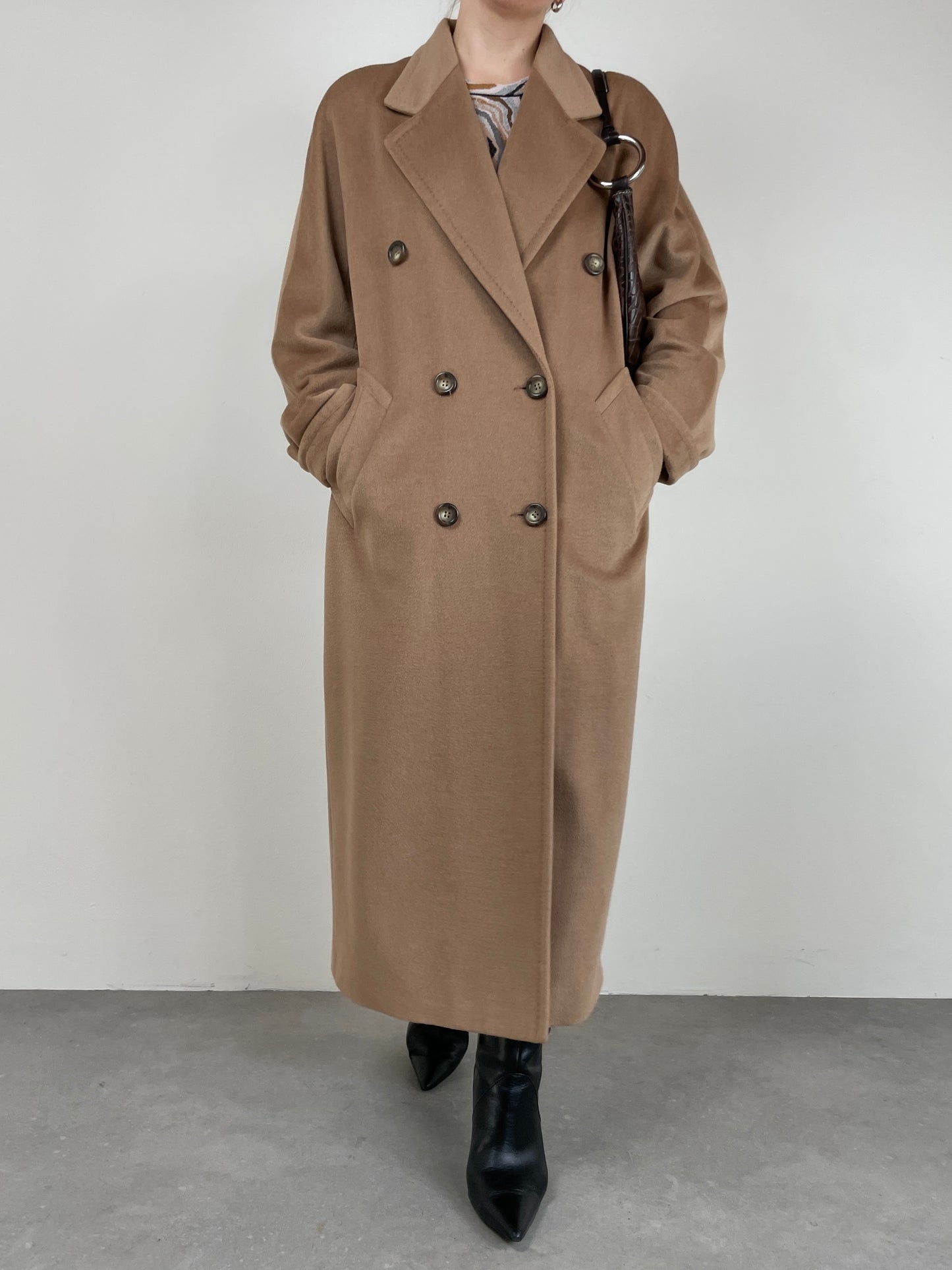 Cappotto vintage cammello in lana, angora e cashmere
