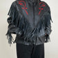 Chiodo vintage in pelle con frange e rose