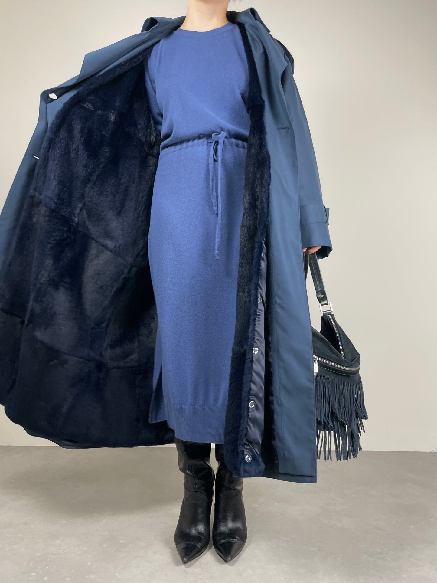 Trench vintage con gilet staccabile in vera pelliccia lapin