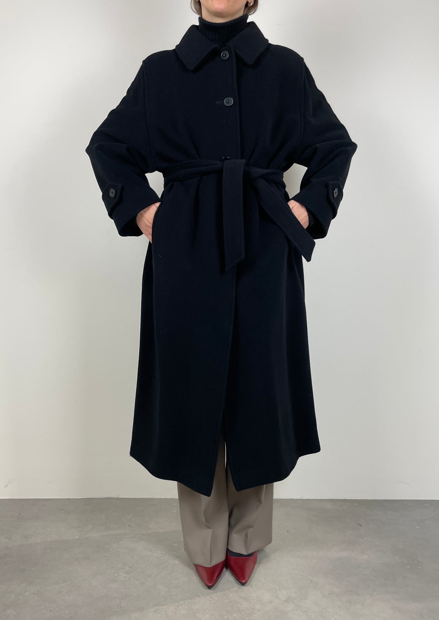 Long black wool coat with belt