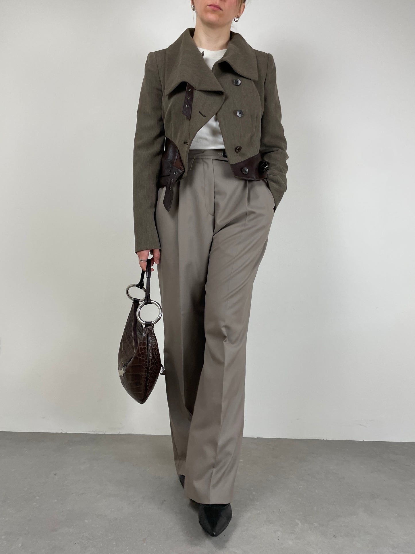 Armani Collezioni giacchetta in lana con dettagli in pelle