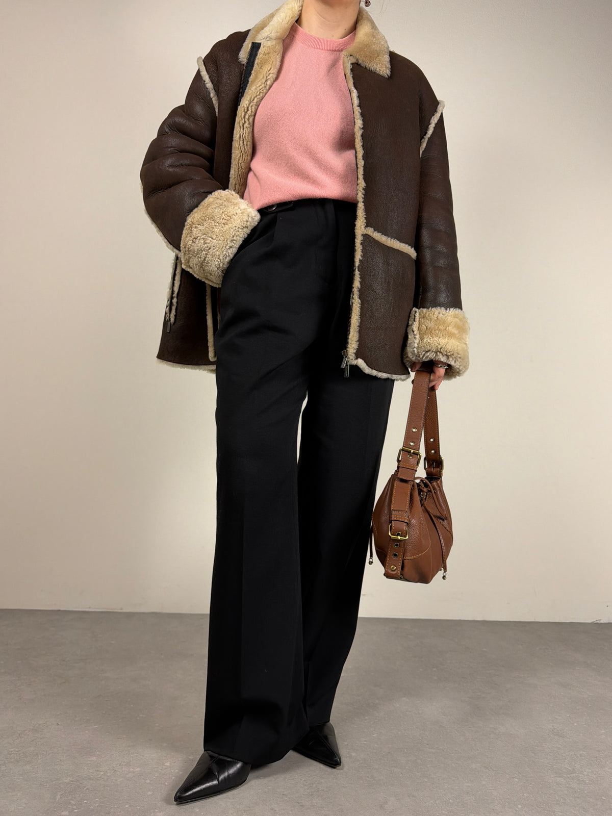 Shearling vintage made in Italy marrone con pelo beige