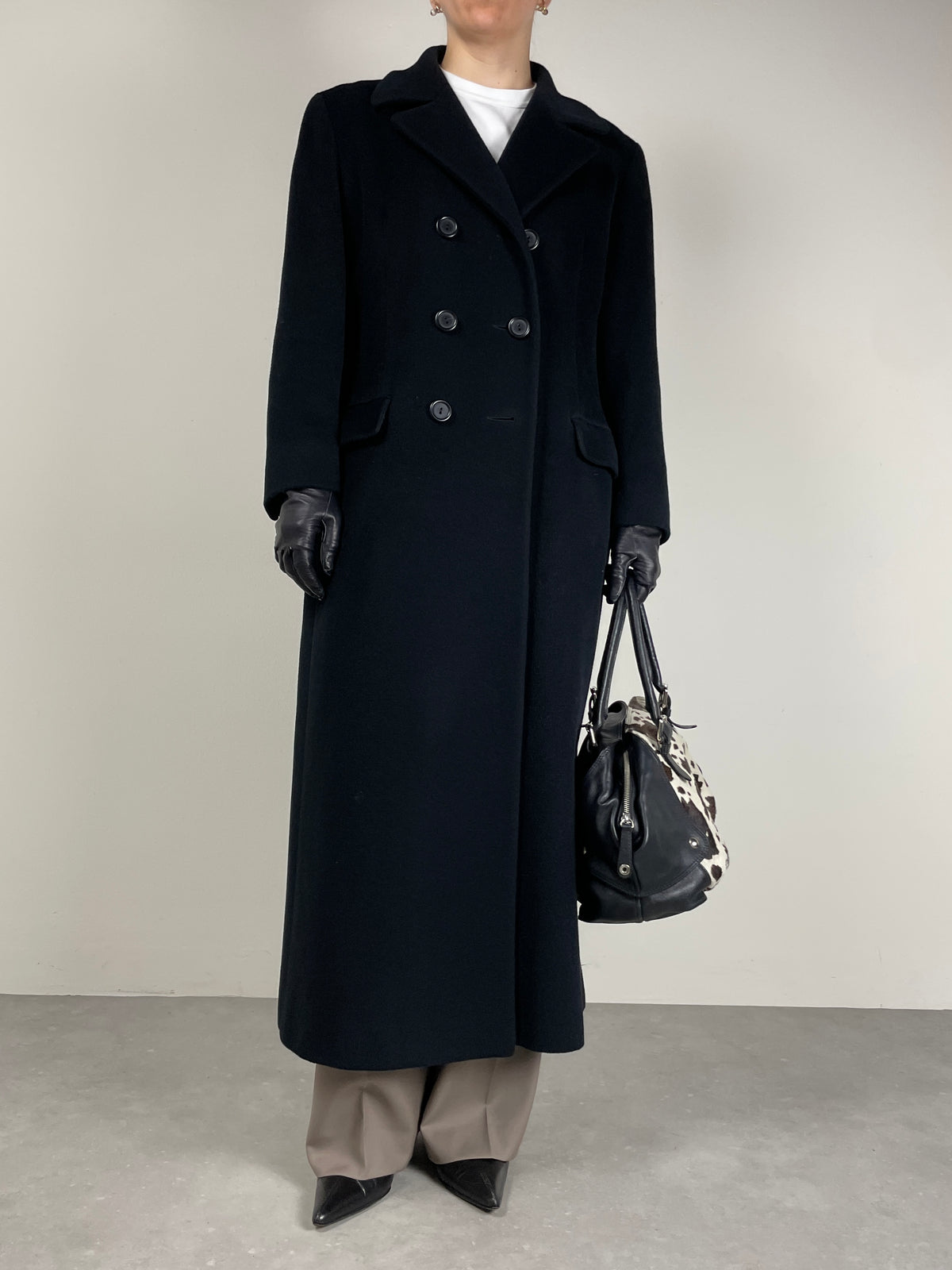 Cappotto lungo doppiopetto in beaver di lana, cashmere e angora