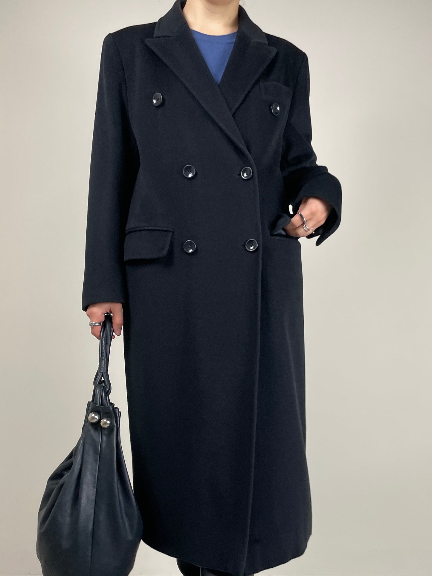 Cappotto a doppiopetto in lana, cashmere e ancora blu scuro