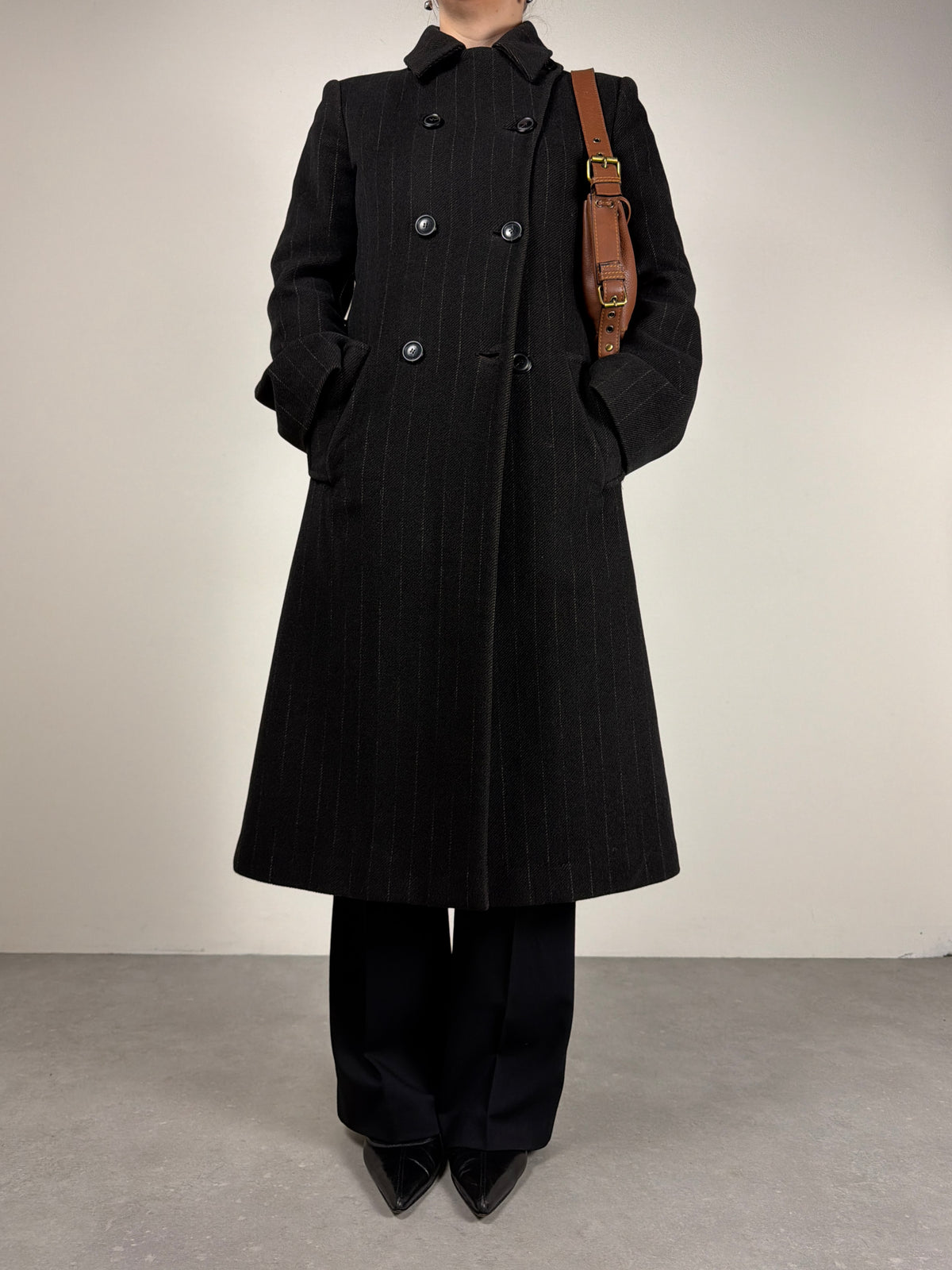 Cappotto gessato in lana e angora made in Italy