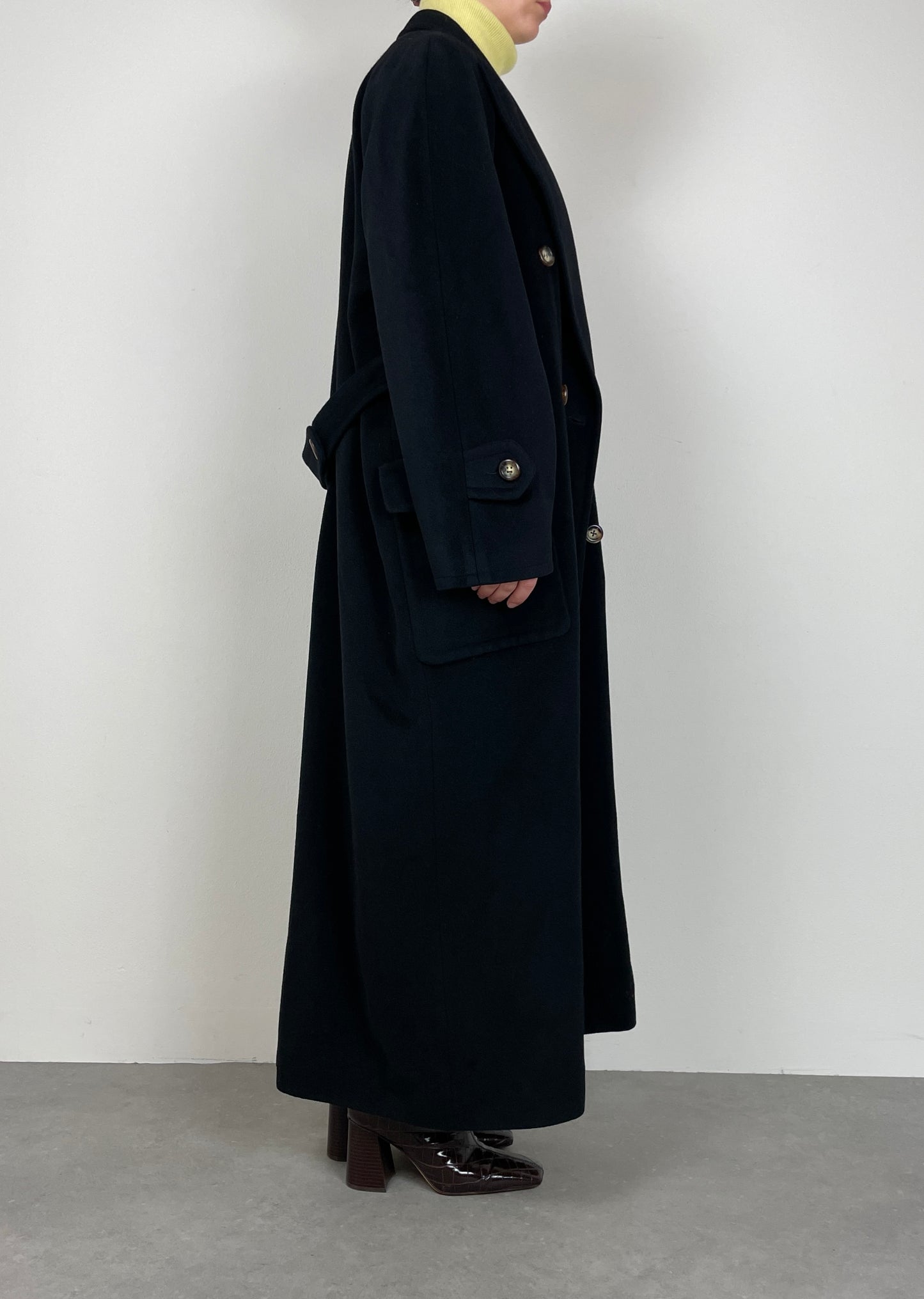 Long black wool, cashmere, angora coat