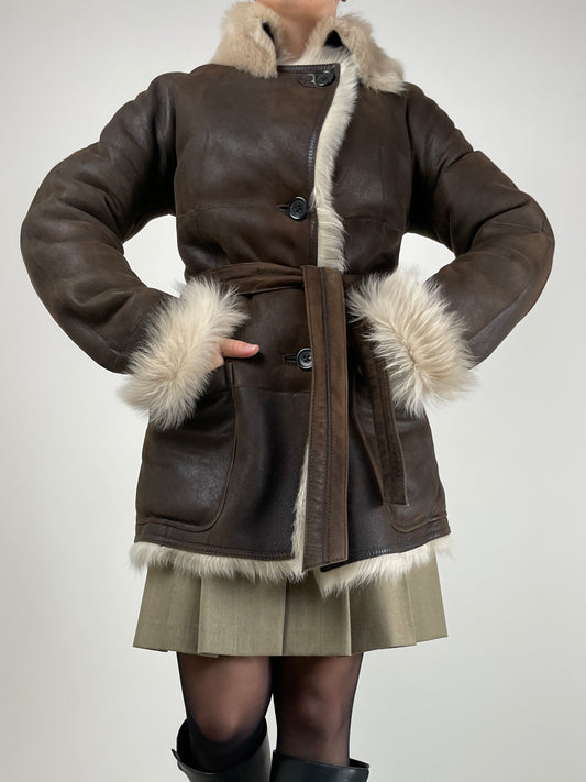 Shearling vintage marrone con pelliccia beige