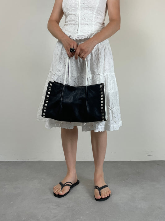 Shopper in vera pelle nera con inserti bianchi