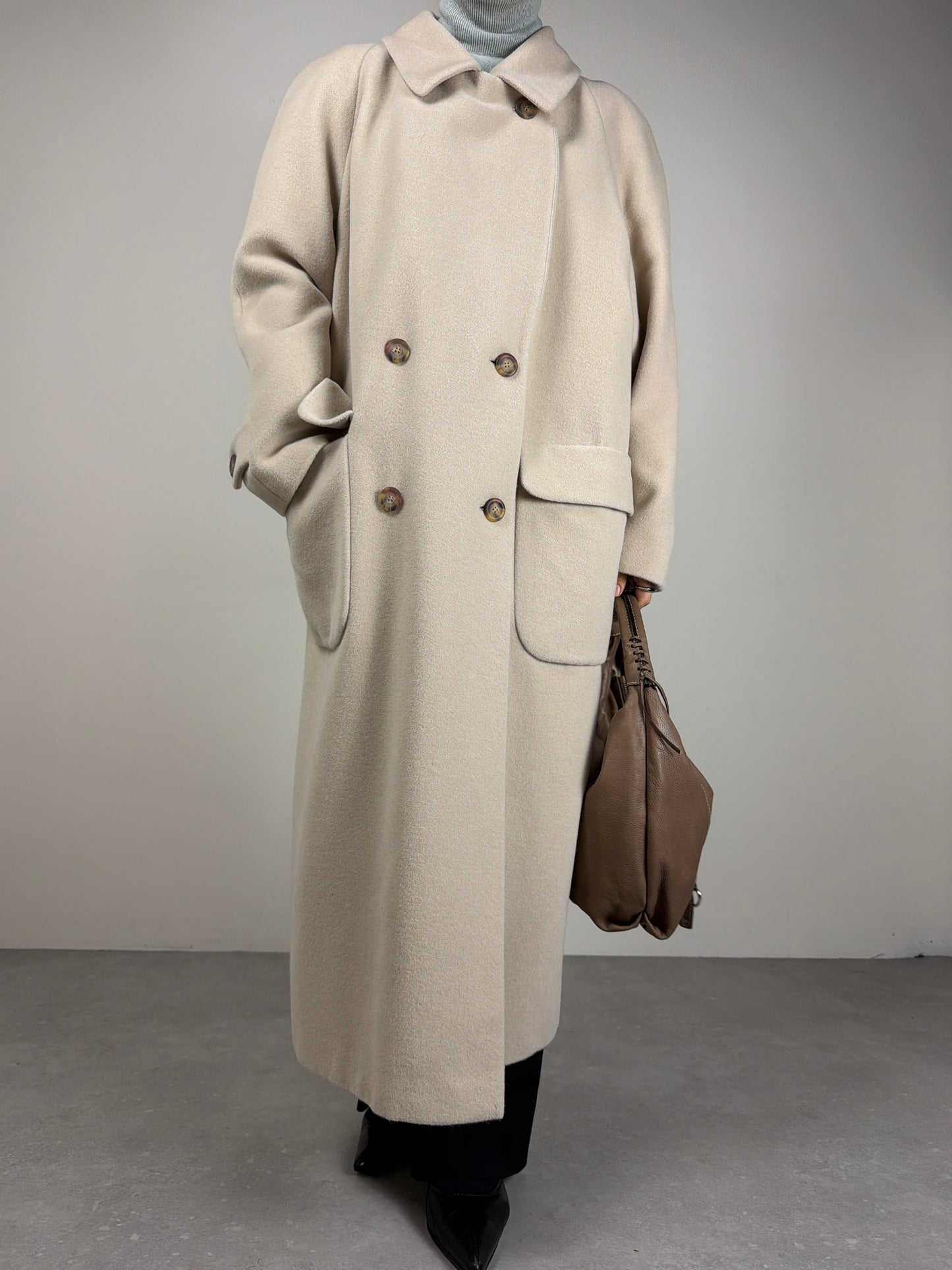 Cappotto lungo panna in lana, angora e cashgora