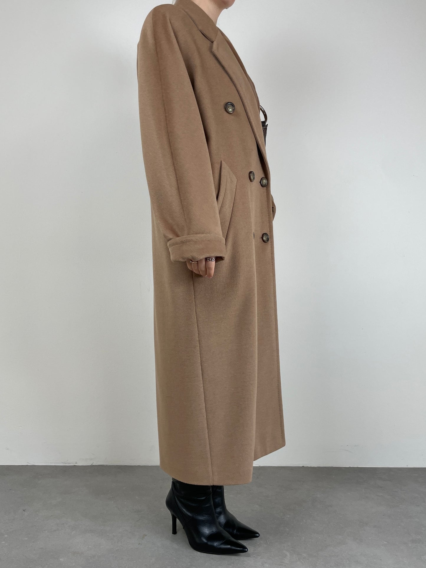 Cappotto vintage cammello in lana, angora e cashmere