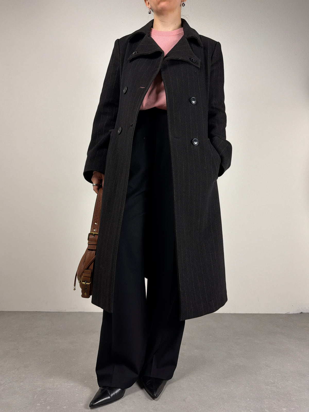 Cappotto gessato in lana e angora made in Italy