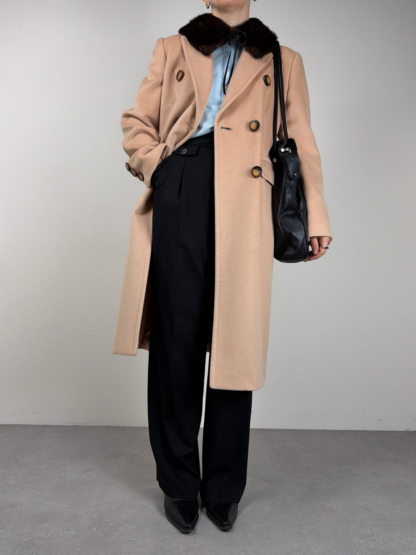 Cappotto vintage a doppiopetto in lana cashmere e angora