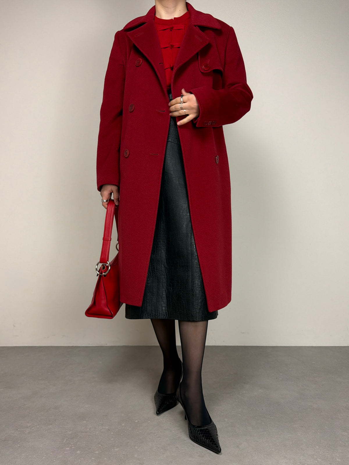 Cappotto bordeaux in lana cashmere e angora
