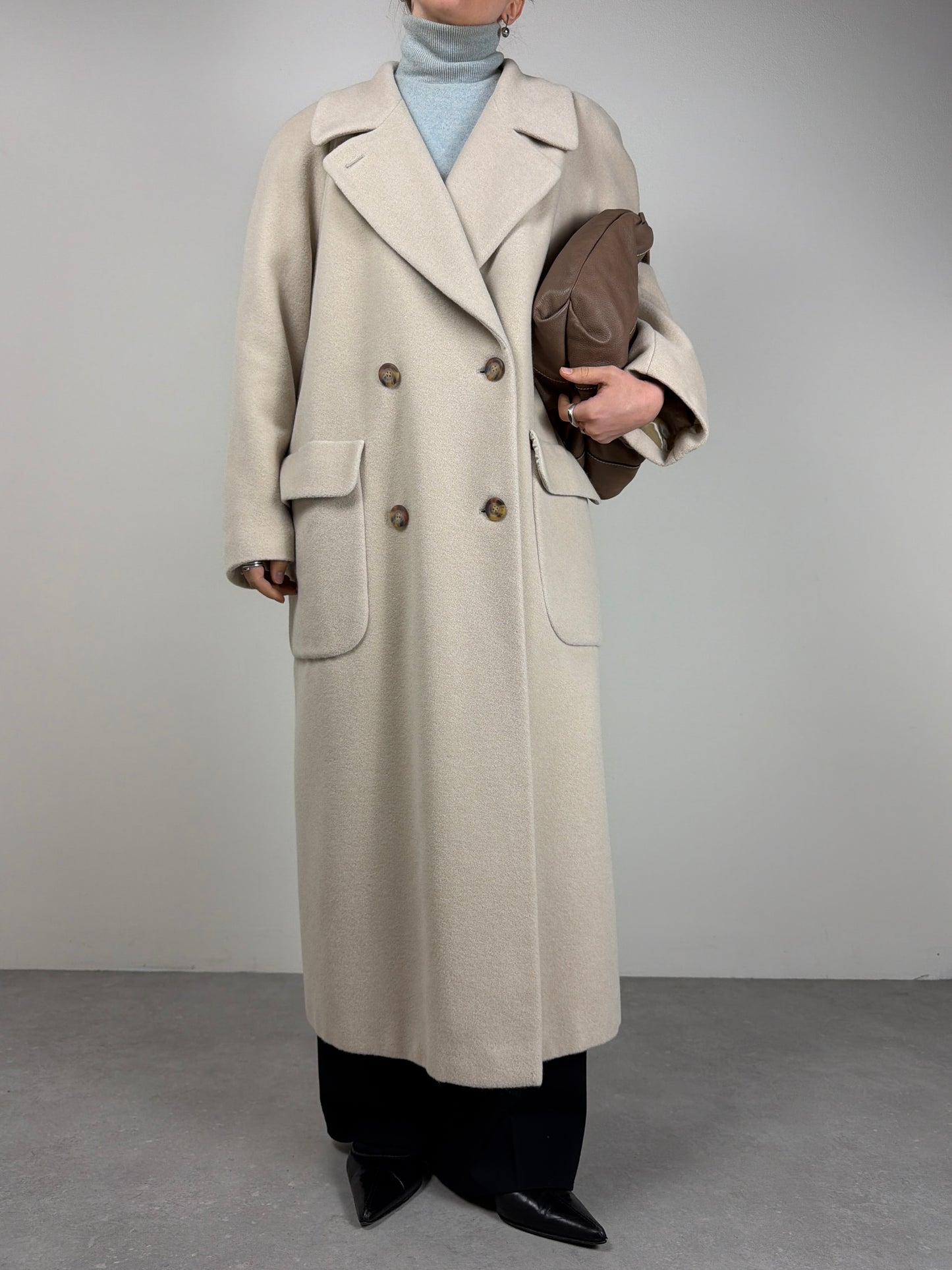 Cappotto lungo panna in lana, angora e cashgora