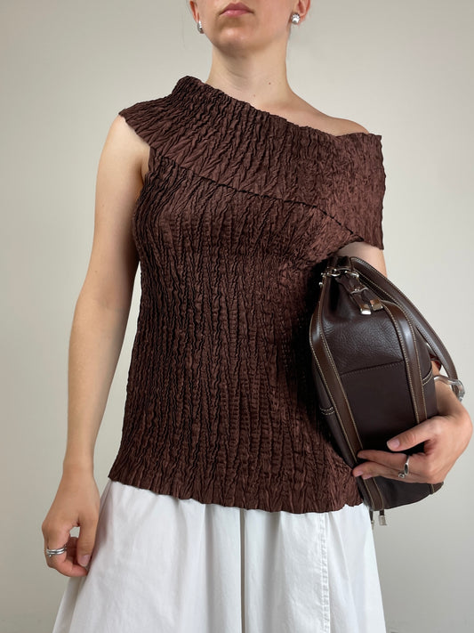 Top vintage marrone effetto crinkle
