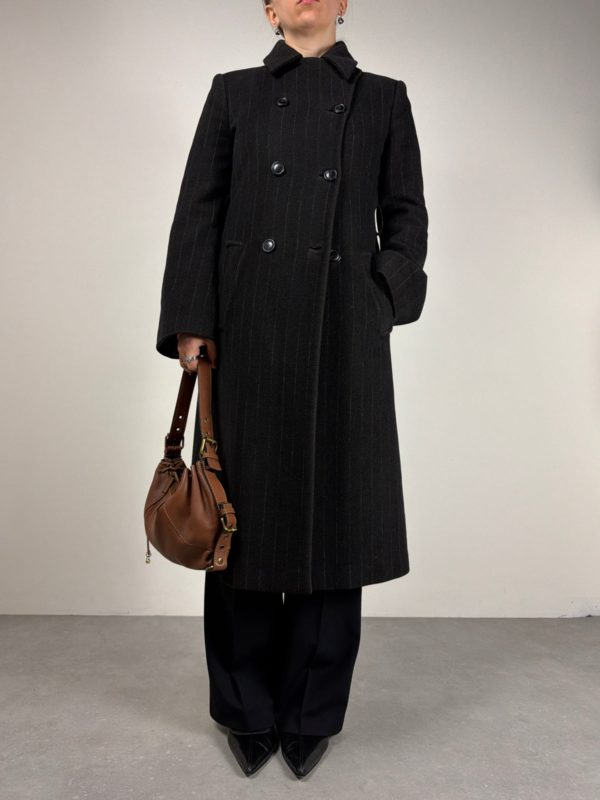 Cappotto gessato in lana e angora made in Italy