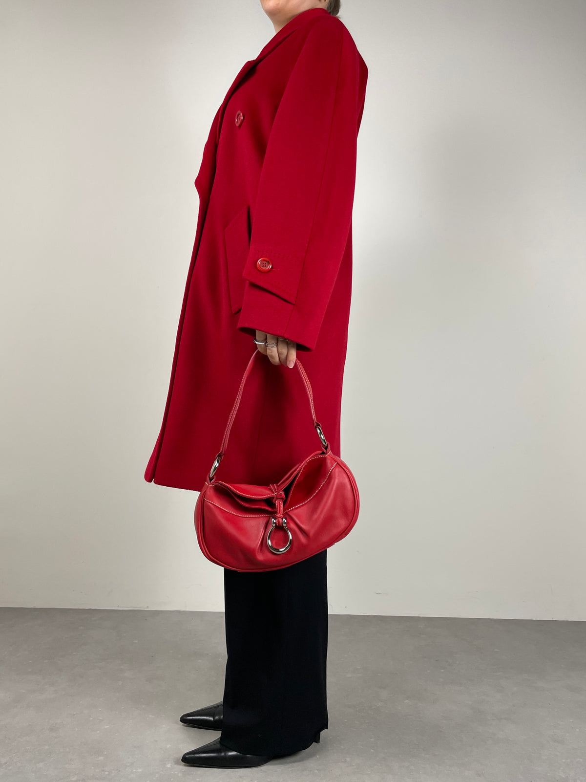 Cappotto rosso in lana, angora e cashmere