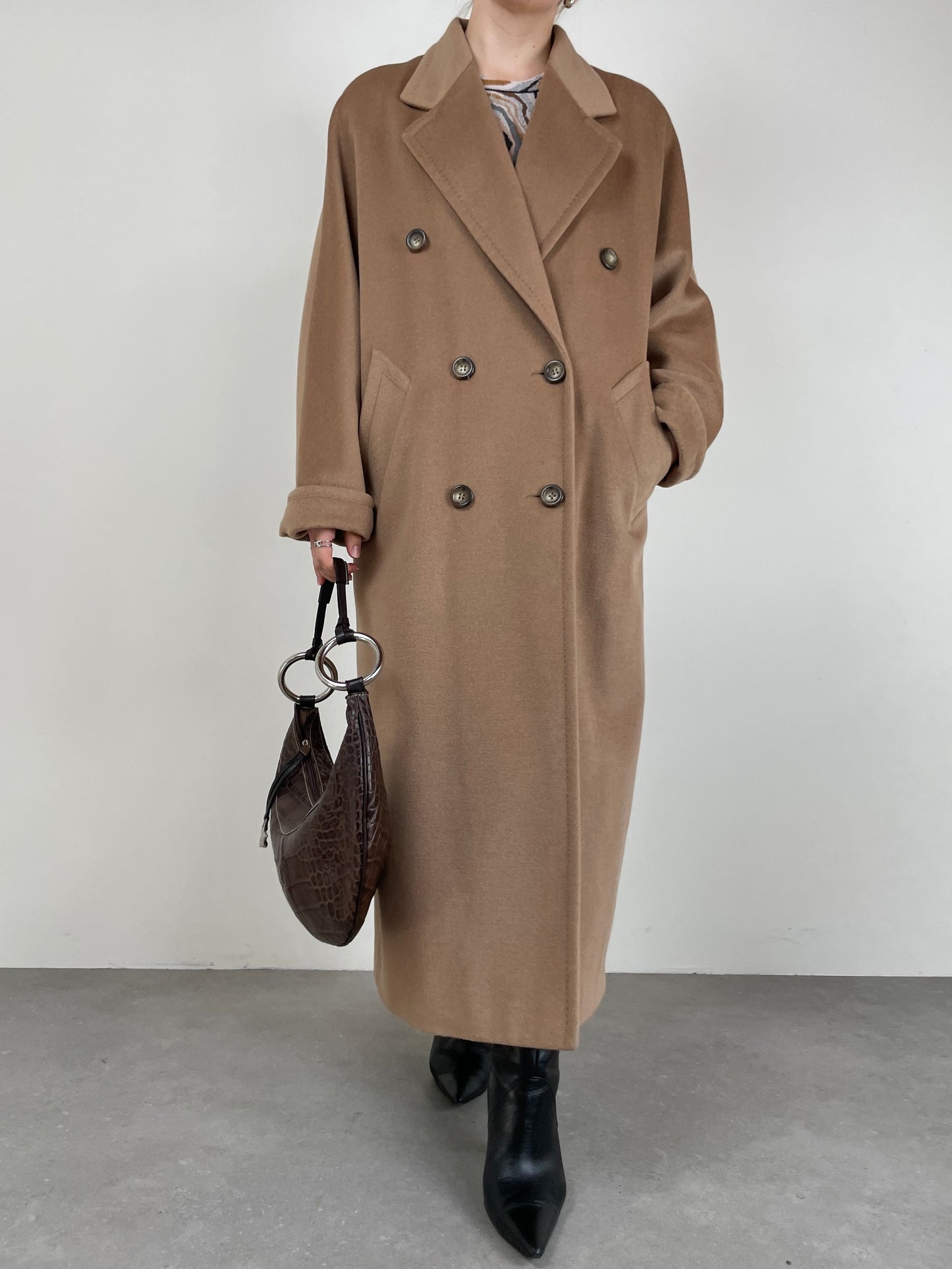 Cappotto vintage cammello in lana, angora e cashmere
