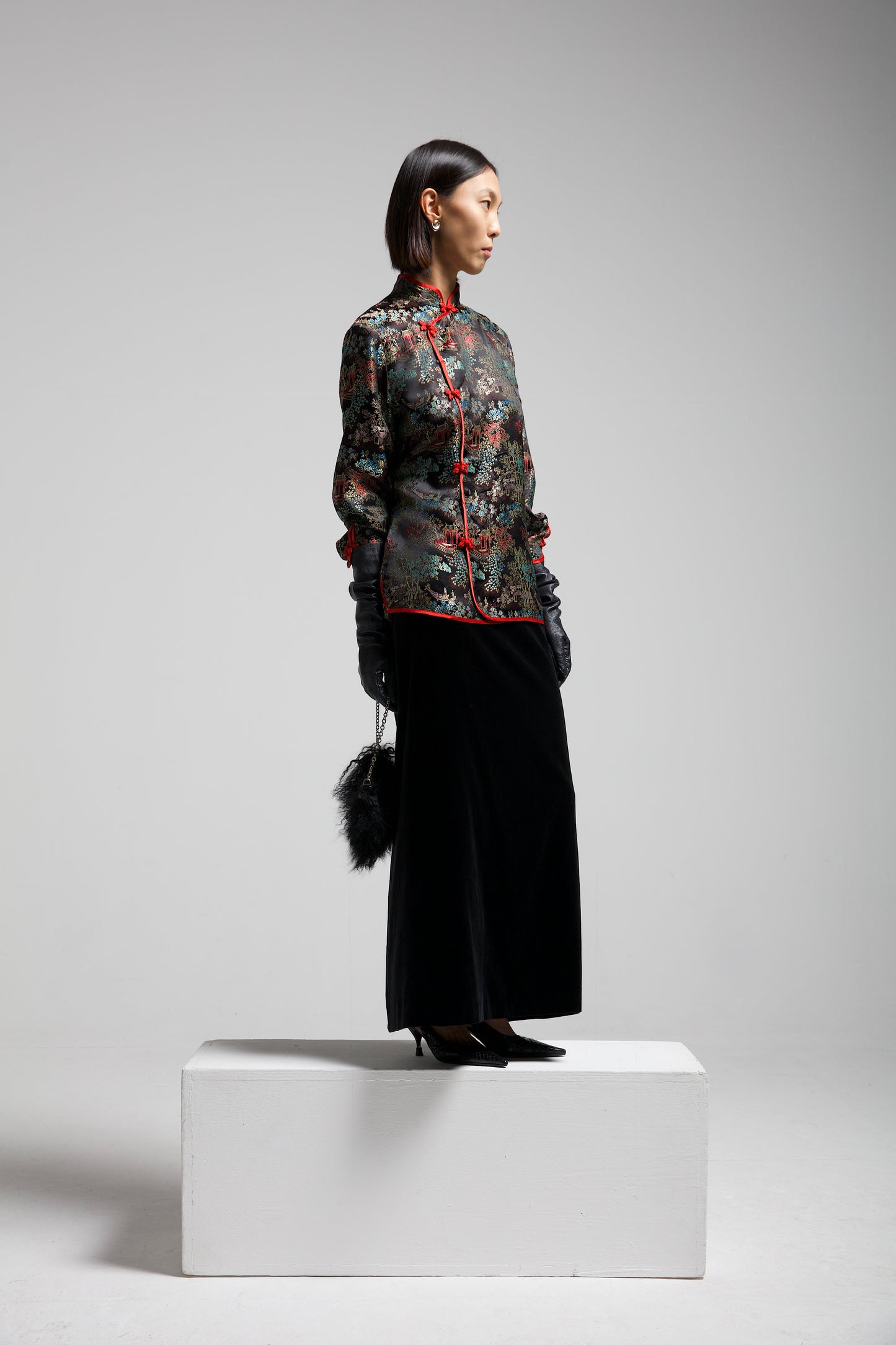 Blusa in jacquard di viscosa con paesaggio asiatico