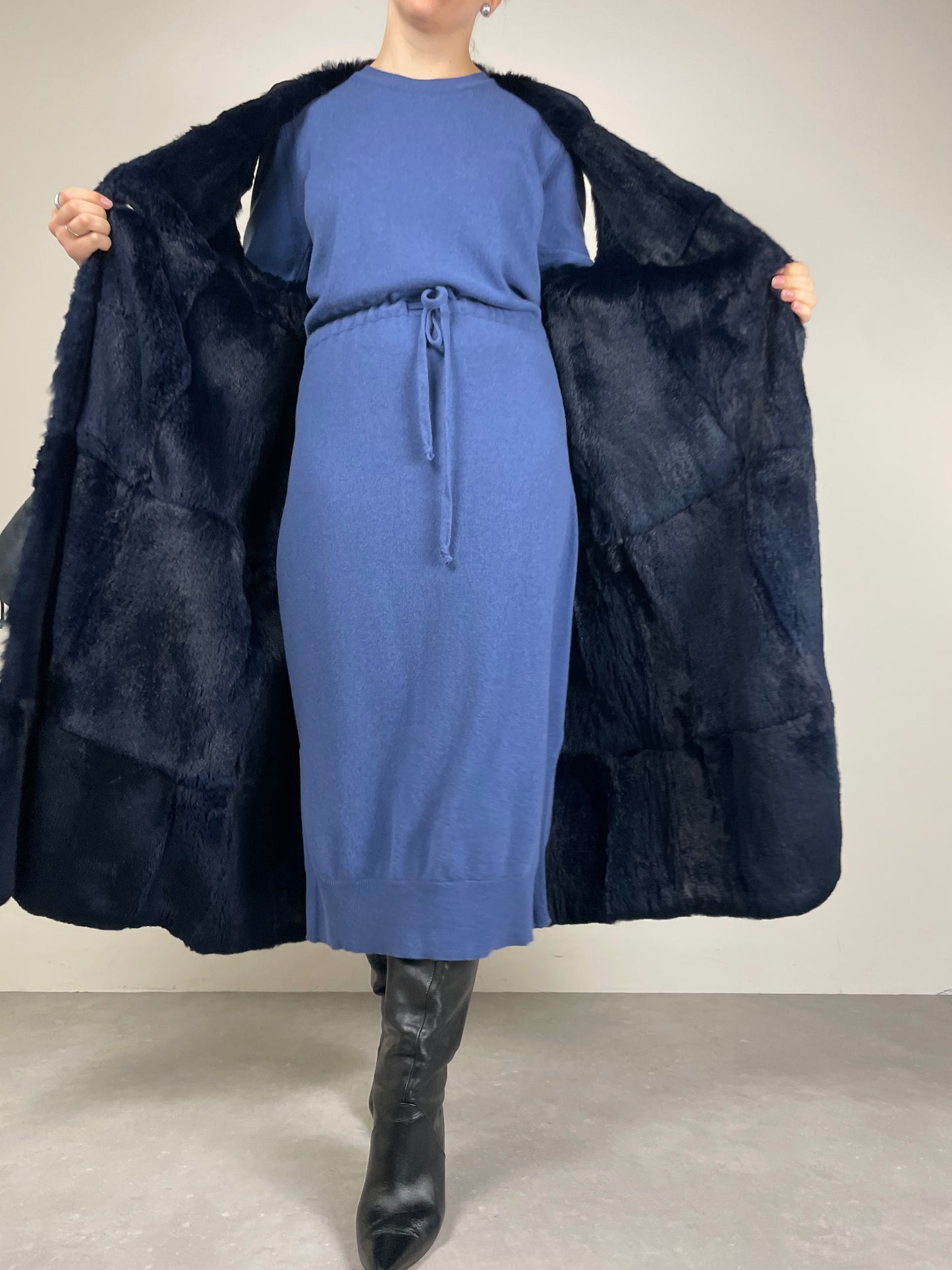 Trench vintage con gilet staccabile in vera pelliccia lapin