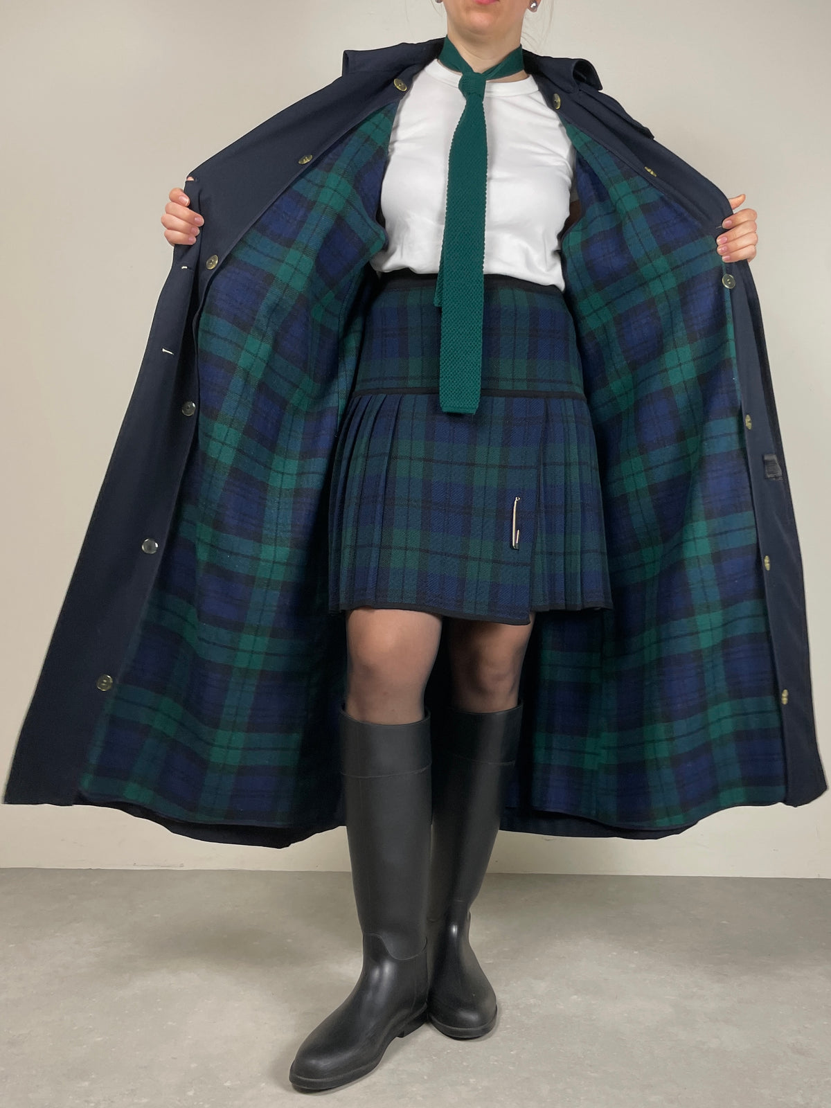 Trench blu con gilet tartan staccabile