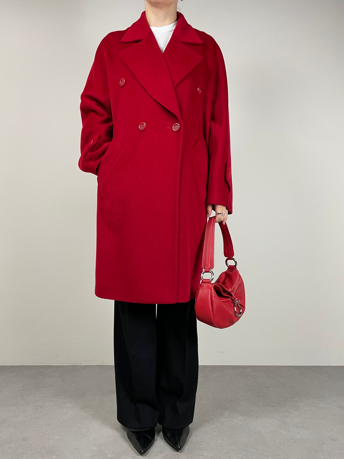 Cappotto rosso in lana, angora e cashmere