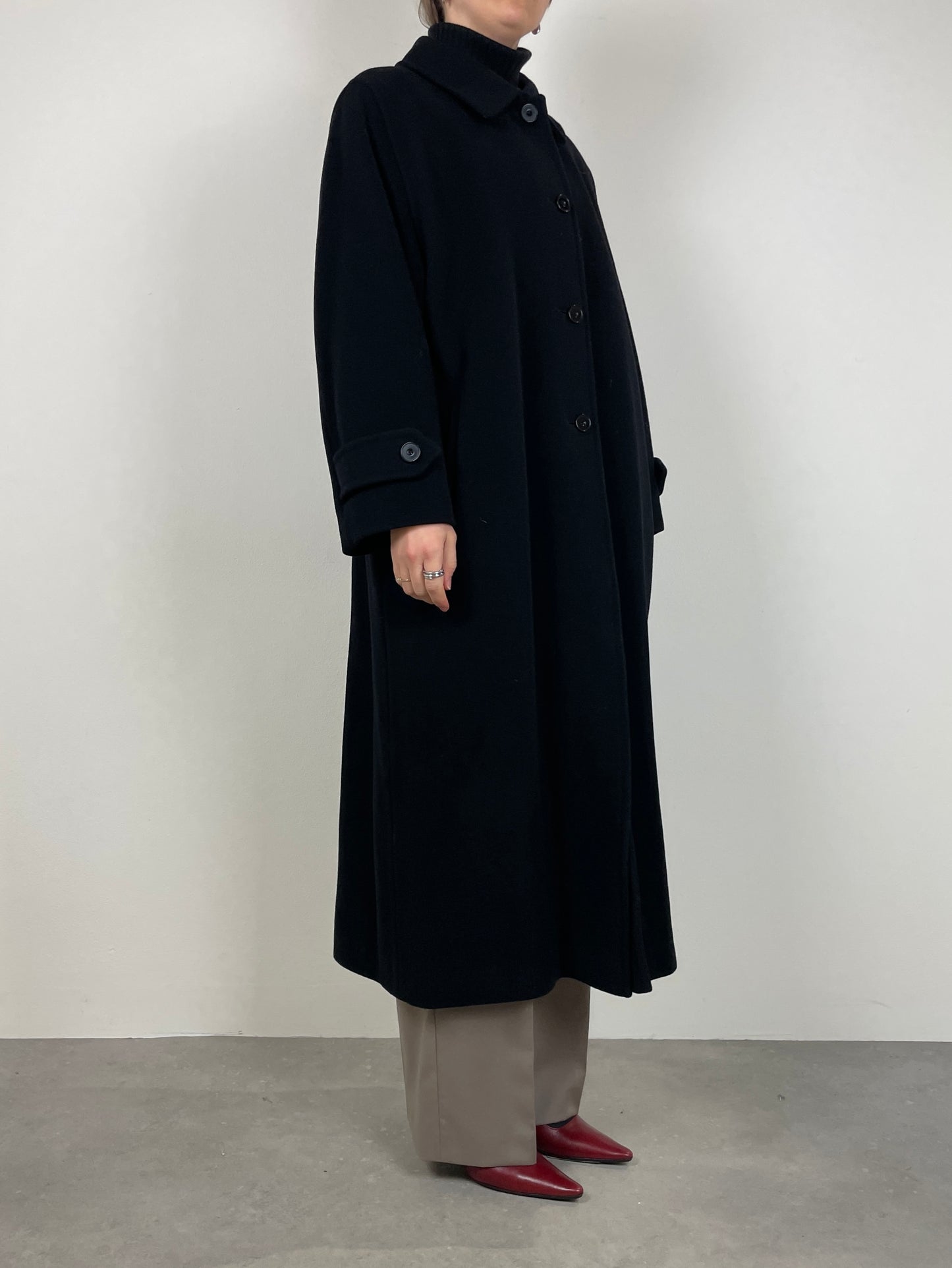 Long black wool coat with belt