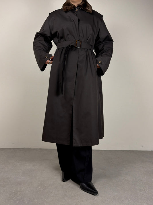 Trench vintage new old stock marrone, con l’interno staccabile in vera pelliccia lapin