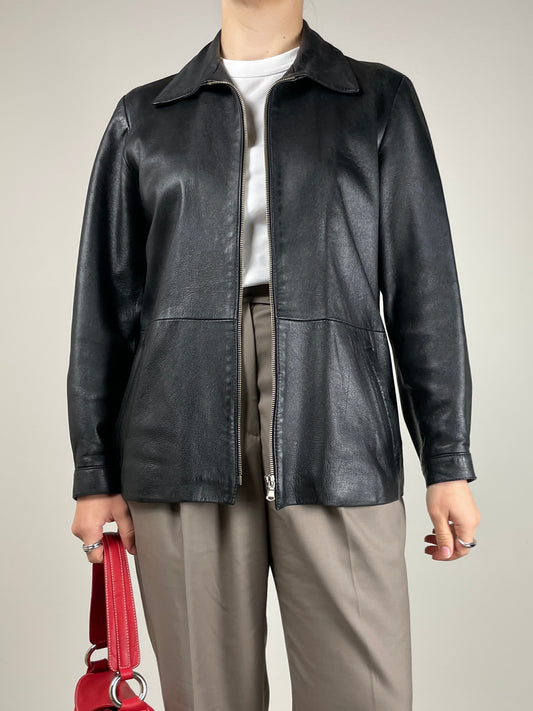 Giacca minimal in vera pelle nera
